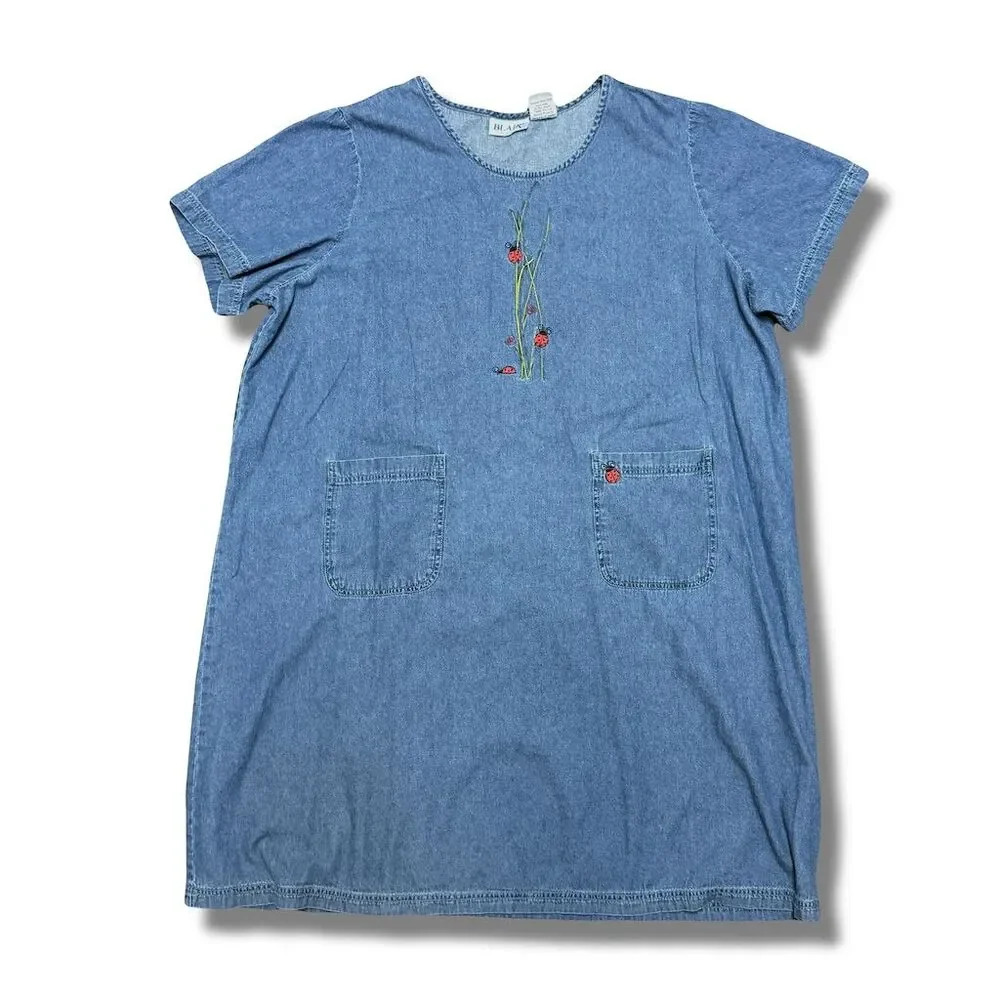 Blair Women's 2XL Vintage Denim Dress Embroidered Ladybug Blue Casual - Picture 1 of 8